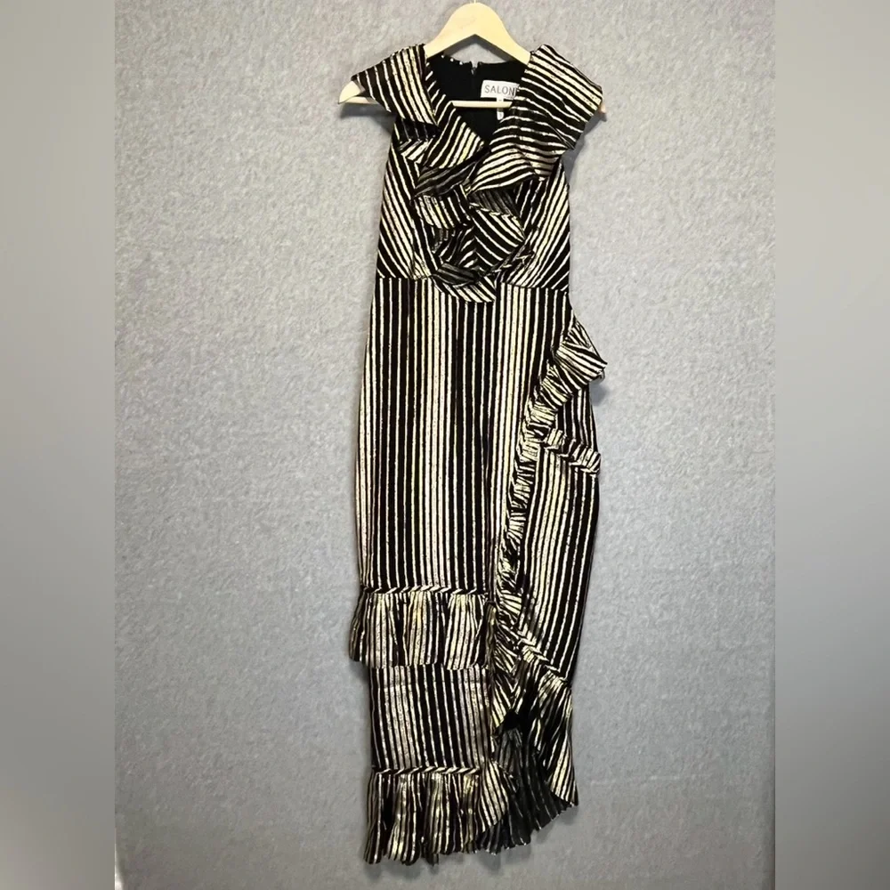 Saloni Anita silk blend Black Gold Ruffled Sleeveless Dress - Picture 6 of 16